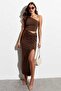 Brown Gathered Waist Slit Maxi Skirt Sh160 - 3