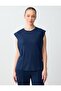 Navy Blue Straight Cut Crew Neck Sleeveless Knitted Blouse