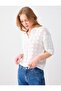 White Polo Collar Elbow Sleeve Lace-Like Knit Knitwear Blouse