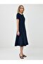 Navy Blue Boat Neck Short Sleeve Woven Midi Dress - 3