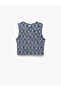 Patterned Crew Neck Sleeveless Crop Top with Lace Detail - 4