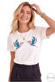 Women's White Bird Sequin Embroidered Crew Neck 100% Cotton T-Shirt