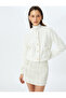 Round Neck Gold Button Detailed Plush Cardigan with Pockets - 3