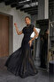 Black Tulle Detailed Draped Dress - Long Evening Dress with Fish Cut Chiffon Skirt - 5