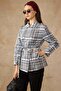 Plaid Patterned Unlined Short Trench Coat Dark Blue 6848 - 5
