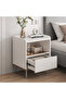 Modern Scandinavian Bedside Table with Open Shelf & Drawer | White Nightstand with Oak Accent & Metal Legs - 2