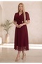 Women's Plus Size Short Sleeve Double-Breasted Collar Waist Brooch Detailed Chiffon Midi Evening Dress 26000 Claret Red - 7