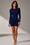 Zipper Detailed Navy Blue Long Sleeve Swimsuit with Shorts - 4