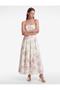 Cotton Pleated Detailed Floral Patterned Strapless Midi Poplin Dress