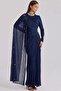Stone and Flywheel Detailed Cape Yoryo Silk Hijab Evening Dress K. Indigo 1257 - 3