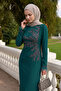 Feather Detailed Stone Emerald Green Evening Dress - 2