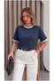 Women's Navy Blue White Piping Garnished Medium Thick Soft Fabric Crew Neck Half Oversize Casual T-Shirt - 2