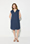 V-Neck Cotton Linen Dress - Navy Blue - 4