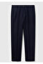 Men's Navy Blue Linen Blend Straight Fit Trousers with Piping on Pockets - 2