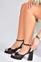 Black Satin Fabric Thick Platform Heeled Women's Shoes M570345604