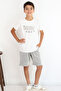 Boy's Shorts Set with Lettering Printed Shorts and Stripes, Ages 6-12, Ecru - 2