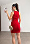 Women's Front Knot Detail Halter Neck Mini Dress Red - 4