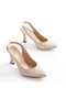 Zri̇n-601 Beige Open Back Daily Women's Heeled Sandals with Stone Accessories 10.5 cm - 2