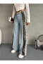 Light Blue Leopard Patterned High Waist Wide Leg Jeans with Side Stripes - 8
