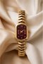 Shimal Women's Steel Watch Gold Color & Burgundy Dial Italian Strap Detailed Vintage Old Money Luxury Elegant Stylish Women's Watch