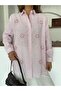 Women's Striped Fabric Front Embroidered Beading Oversized Shirt - 7