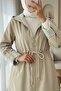 Hooded Quilted Trench Coat - Squeeze Waist and Lining, Stone Color - 3