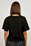 Women's Floral Text Printed Short Sleeve Black T-Shirt - 5