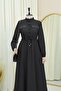 Dress with Stone Pockets, Tie Waist, and Elastic Sleeves - Black