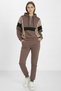 Women's Brown 3 Thread Zippered Hooded Sequin Sequin Embroidered Elastic Leg Tracksuit Set - 5203