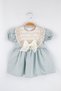 Green Short Sleeve Girls Dress with Scallop Detail and Bow - Rosa - 2
