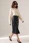 Black Faux Leather High Waist Maxi Skirt with Gold Button Detail on the Front - 3