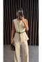 Gold Button Detailed Sleeveless Vest and Pants Set with Belt Accessory - 5