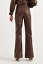 Buttoned Waist Brown High Waist Spanish Flare Leather Trousers - 3