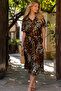 Women's Orange Buttoned Front Waist Drawstring Belted Midi Dress Arm-24Y 001068