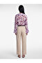 Abstract Patterned V-Neck Long Sleeve Flounce Chiffon Shirt with Lace Detail - 3