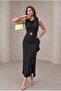 Double-Breasted Collar Women's Flounced Slit Square Stone Belted Black Wedding and Engagement Evening Dress - 5