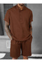 Men Brown Textured Stand Collar Short Sleeve Polo T-Shirt and Shorts Co-Ords
