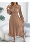 Beige Pleated A-Line Midi Dress - 4
