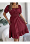 Burgundy Square Neck Knee Length Dress - 4