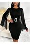 Women's Short Cape Sleeves Round Neck Buckle Short Imported Crepe Dress - 2