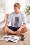 Men's Blue Patterned Crew Neck Buttonless Cotton Summer Short Sleeve Pocket Shorts Pajama Set - 5