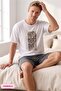 Men's White Patterned Crew Neck Buttonless Cotton Summer Short Sleeve Pocket Shorts Pajama Set