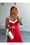 Women's Thin Strap Collar and Hem White Striped Long Dress - 4