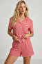 Red Plaid Checkered Embroidered Buttoned Ribbed Slim Soft Knitted Shorts Pajama Set 8022