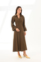 Khaki Color Poplin Pleated Detailed V-Neck Maxi Dress with Open Waist - 8