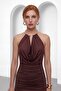 Women's Brown Collar Detail Drawstring Waist Mini Dress - 4