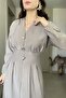 Gold Button Detailed Waist-Fitted Pleated Soft Flowing Midi Dress - 2