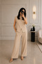 Women's Linen Look Slit Detailed Blouse Palazzo Trousers Two-Piece Set