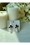 Gold Black Enamel Flower Earrings with Pearls - 3