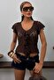 Women's Lace Blouse with Ruffle Detail, V-Neck, Transparent - 2